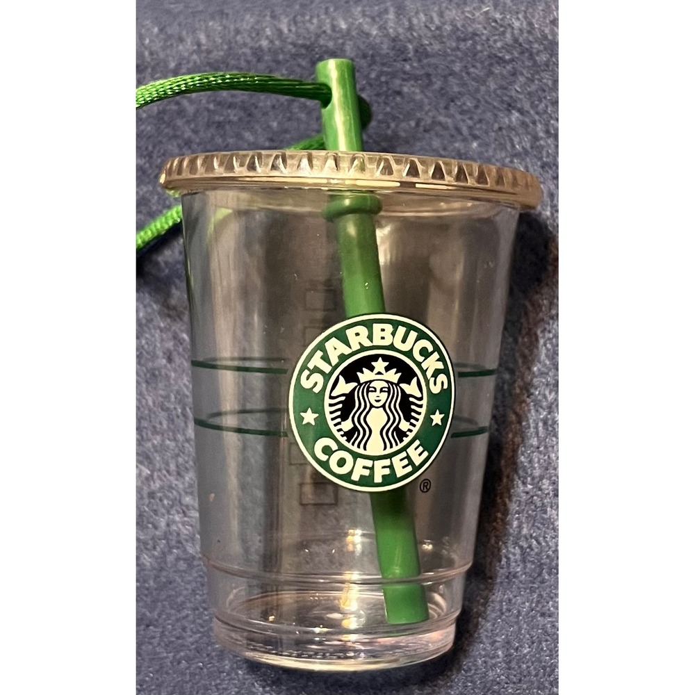 Starbucks Coffee 2010 Iced Cup Miniature Ornament Green Straw Clear Plastic